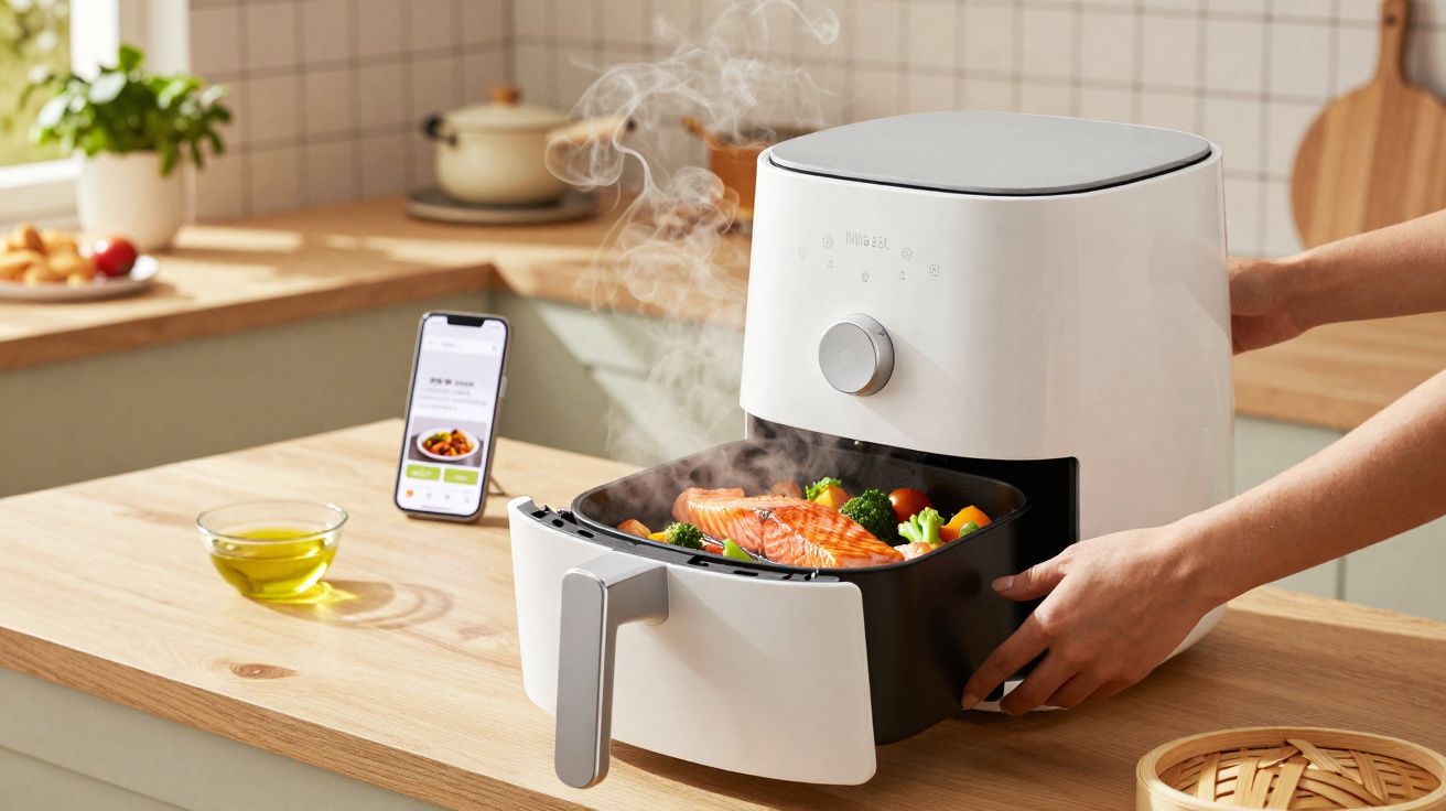 Pessoa retirando refratário com salmão e legumes de fritadeira elétrica branca na cozinha.