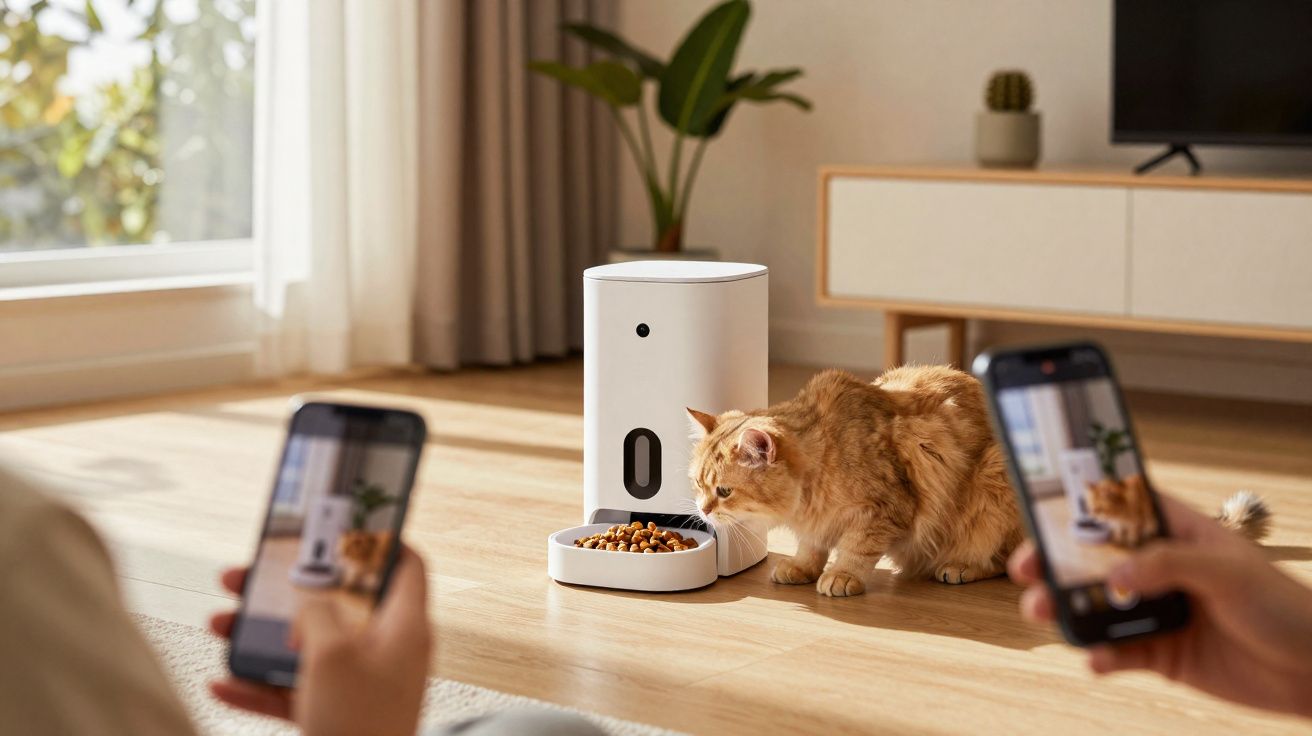 Gato laranja comendo ração de comedouro automático enquanto pessoas tiram fotos com celular.