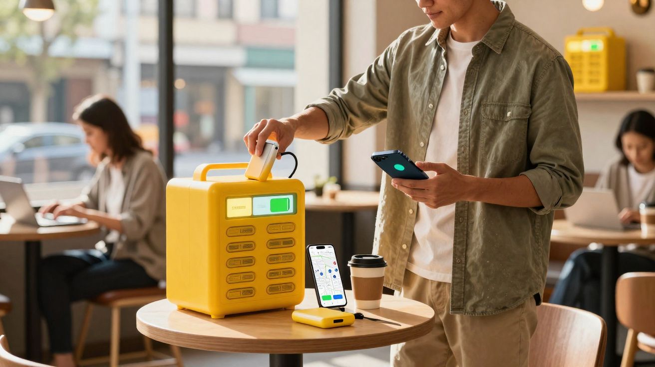 Pessoa usando carregador portátil amarelo para carregar celular em mesa de café.