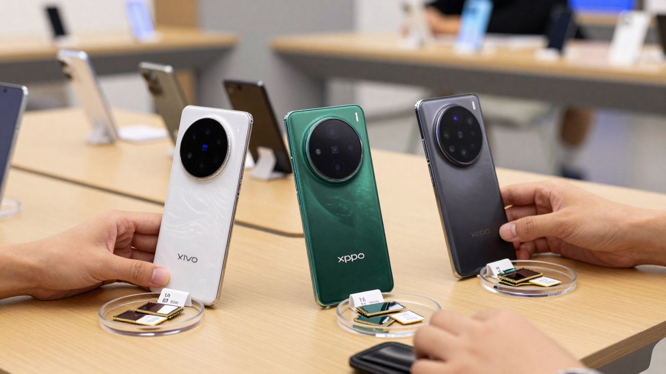 Três smartphones coloridos com câmeras circulares grandes dispostos sobre mesa em loja de eletrônicos.