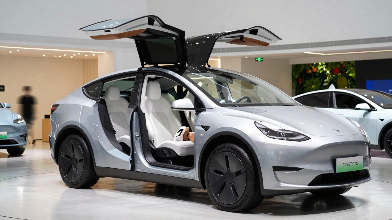 Carro elétrico Tesla Model X prata com portas tipo asas de gaivota abertas em showroom moderno.