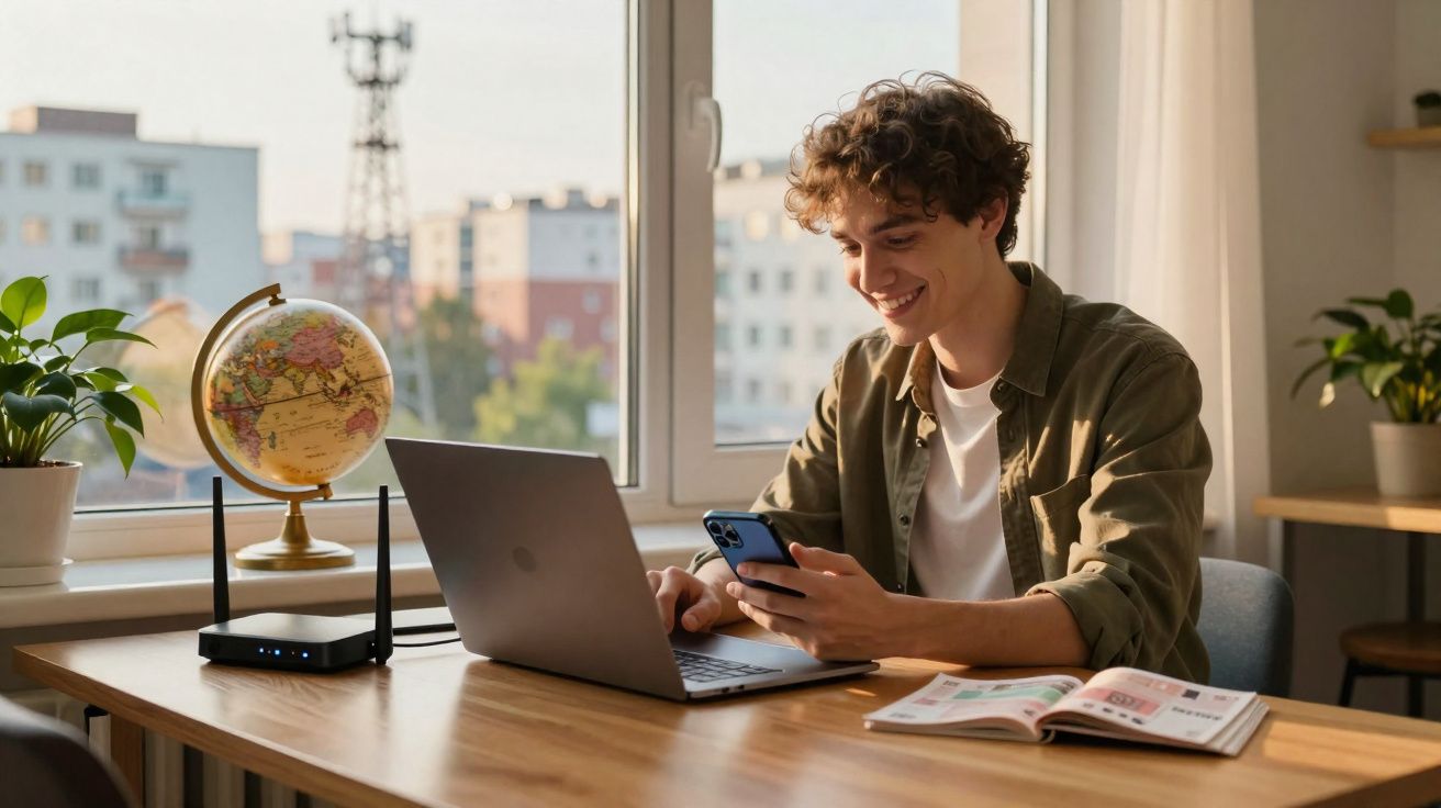 Jovem sorridente usa smartphone e laptop em mesa com globo, roteador e revista, próximo a janela iluminada.