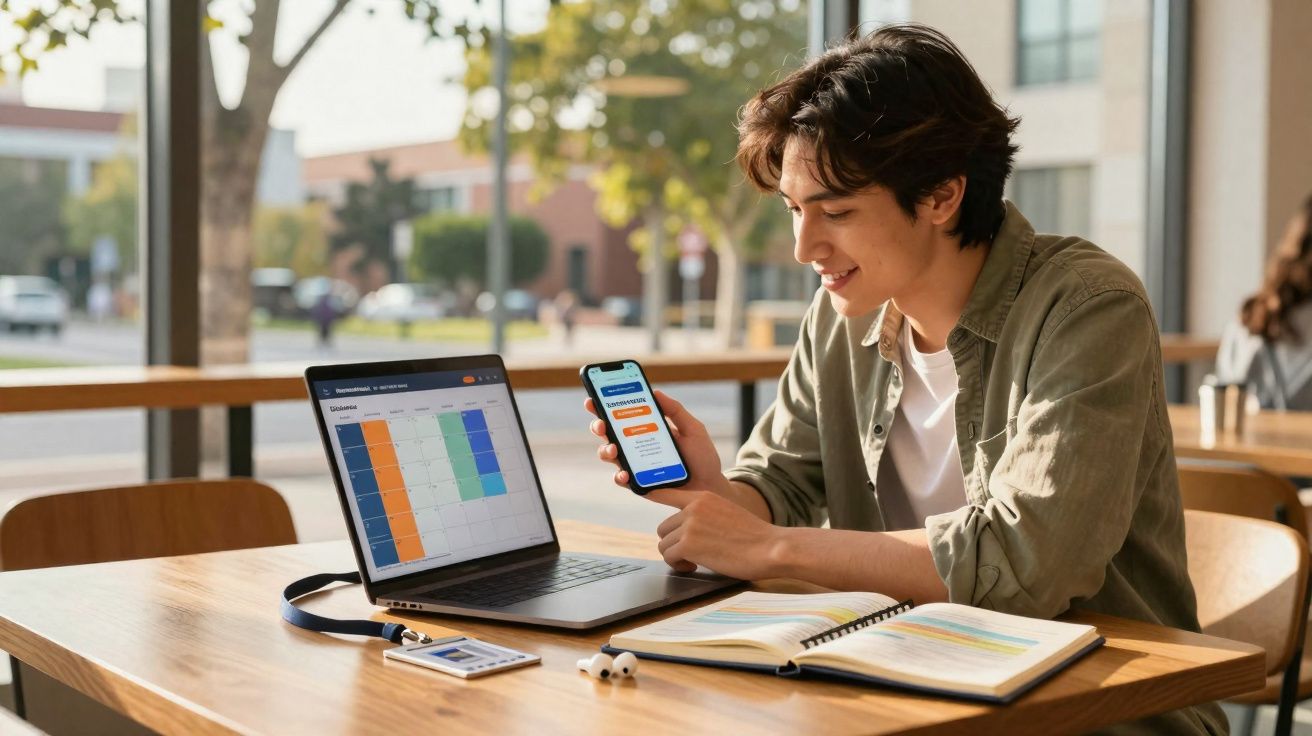 Jovem sentado à mesa com laptop, celular e caderno aberto, aparentemente estudando em ambiente iluminado.