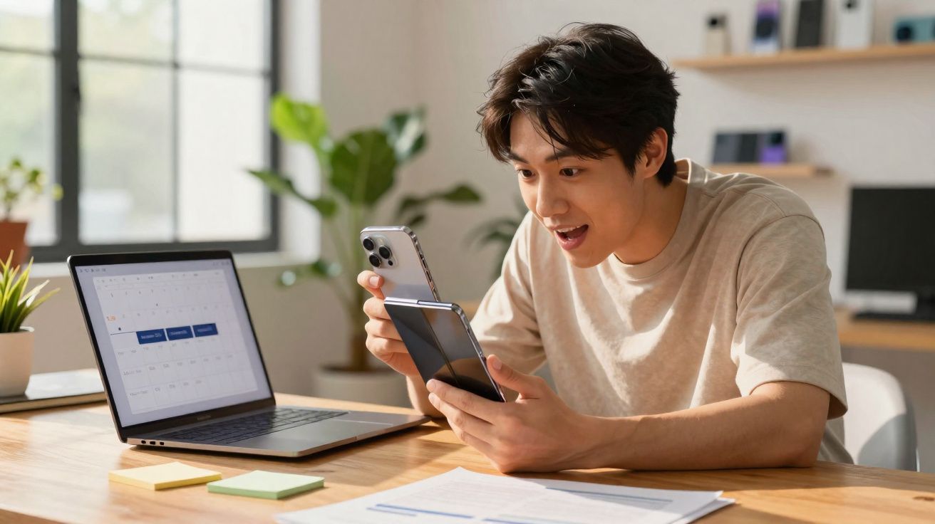 Homem jovem usando dois celulares ao mesmo tempo sentado em mesa com laptop e papéis.