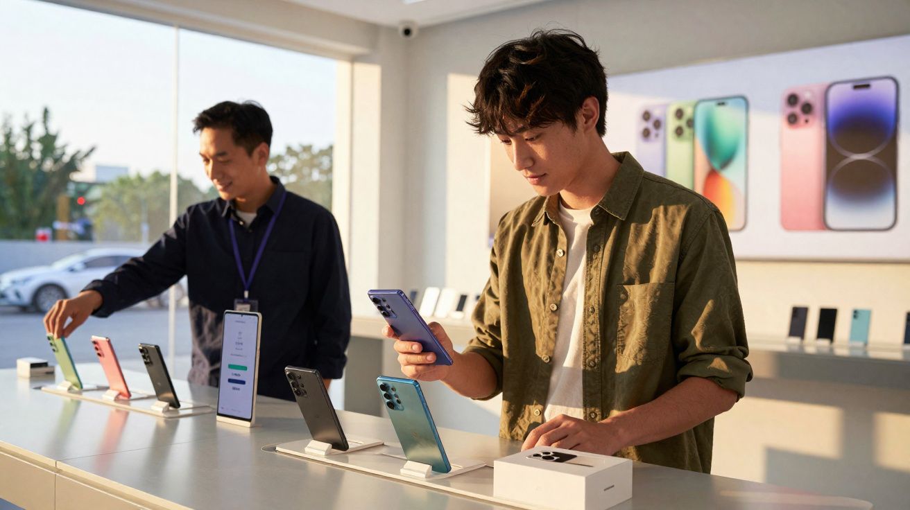 Dois homens analisando smartphones em exposição dentro de uma loja moderna e iluminada.