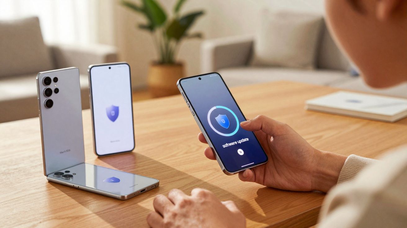 Pessoa segurando celular que exibe tela de atualização de software, com outros três celulares sobre mesa de madeira.