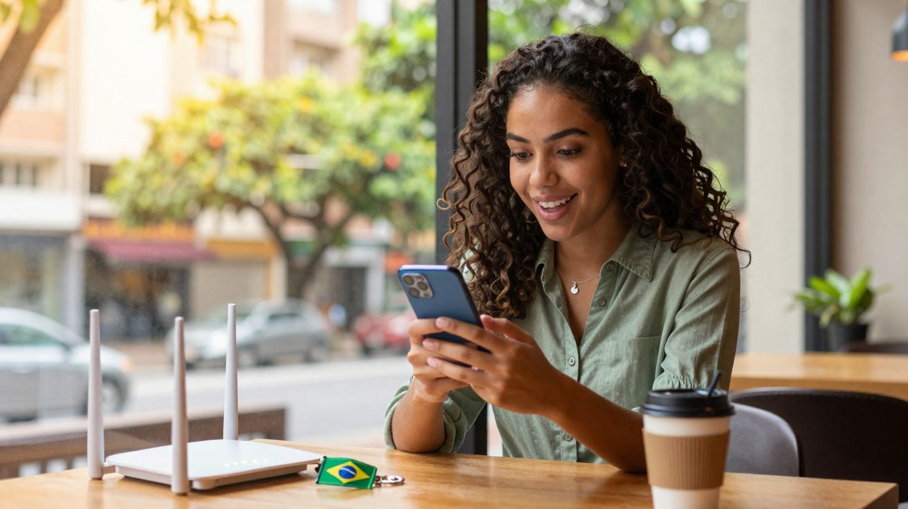 Mulher sorridente usando celular em mesa com roteador, chaveiro do Brasil e copo de café.