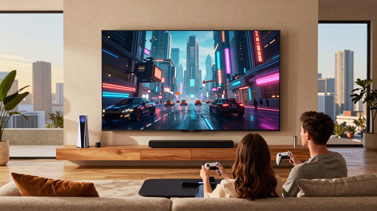 Casal sentado no sofá jogando videogame em TV grande com cenário urbano futurista neon.