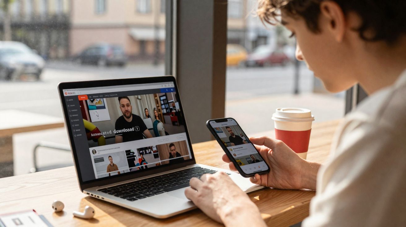 Pessoa usando laptop e celular para assistir vídeos em ambiente com janela e café em copo descartável.