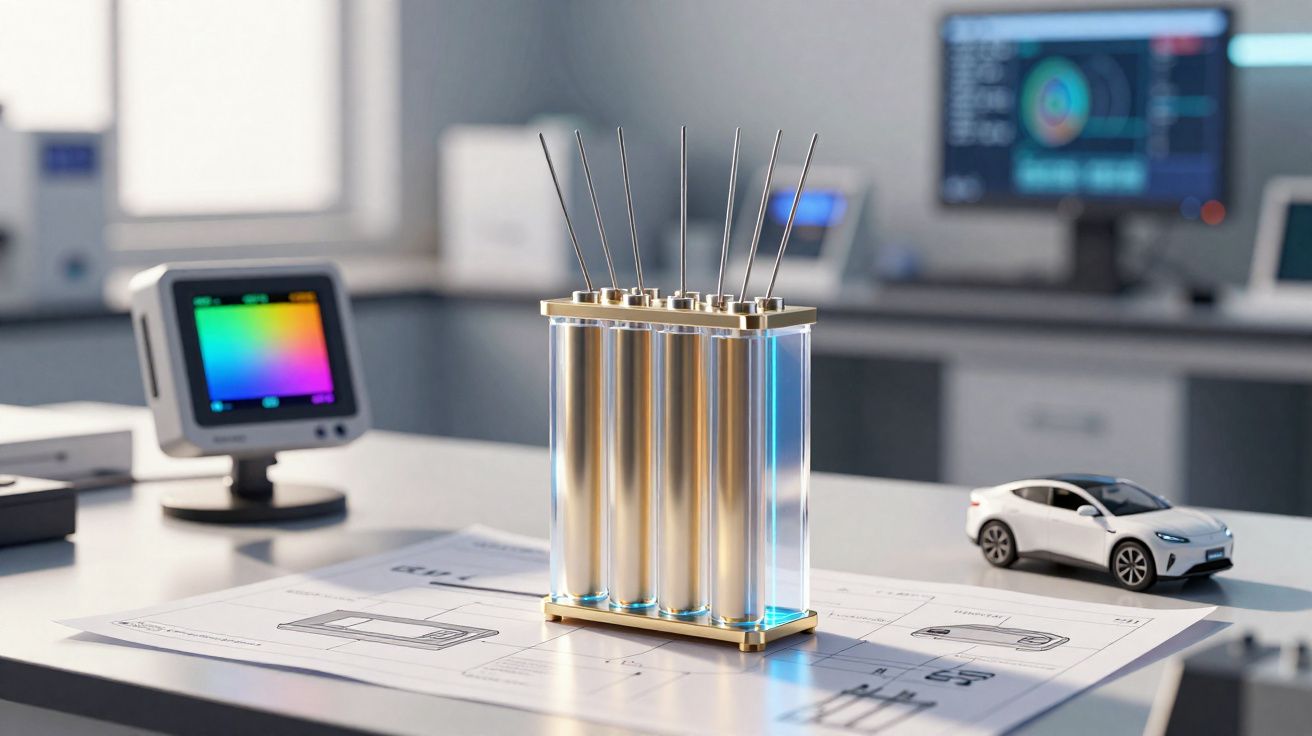 Tanque experimental com eletrodos em mesa de laboratório, junto a planta e miniatura de carro elétrico branco.