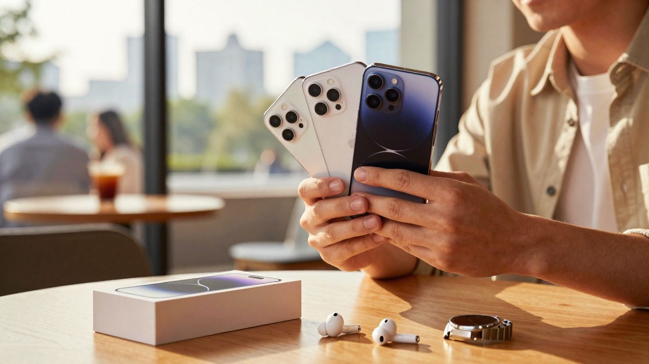 Pessoa segurando três smartphones com três AirPods e uma caixa sobre mesa de madeira em ambiente iluminado.