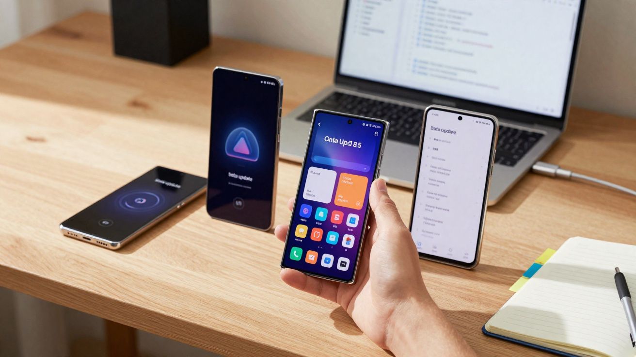 Mesa de trabalho com quatro smartphones, um laptop aberto e um caderno ao lado.