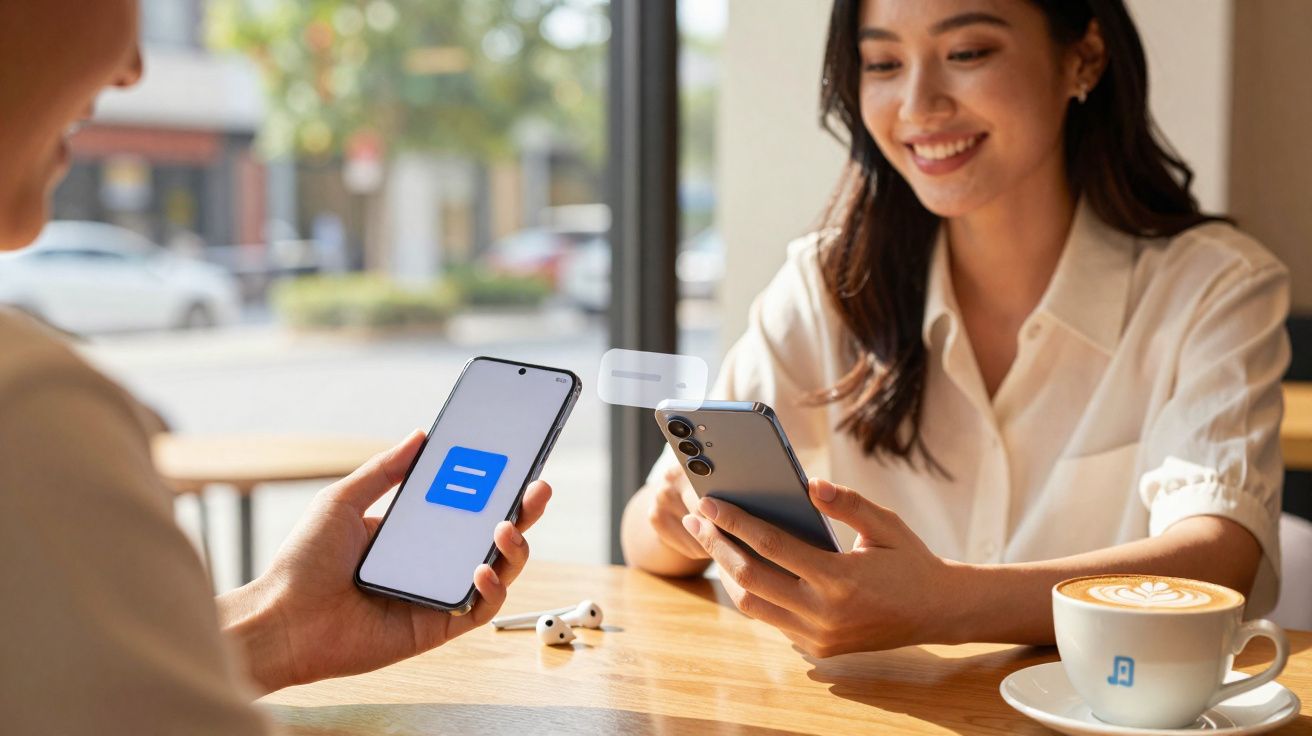 Duas pessoas em café trocando mensagens por smartphones, com xícara de café e fones de ouvido na mesa.