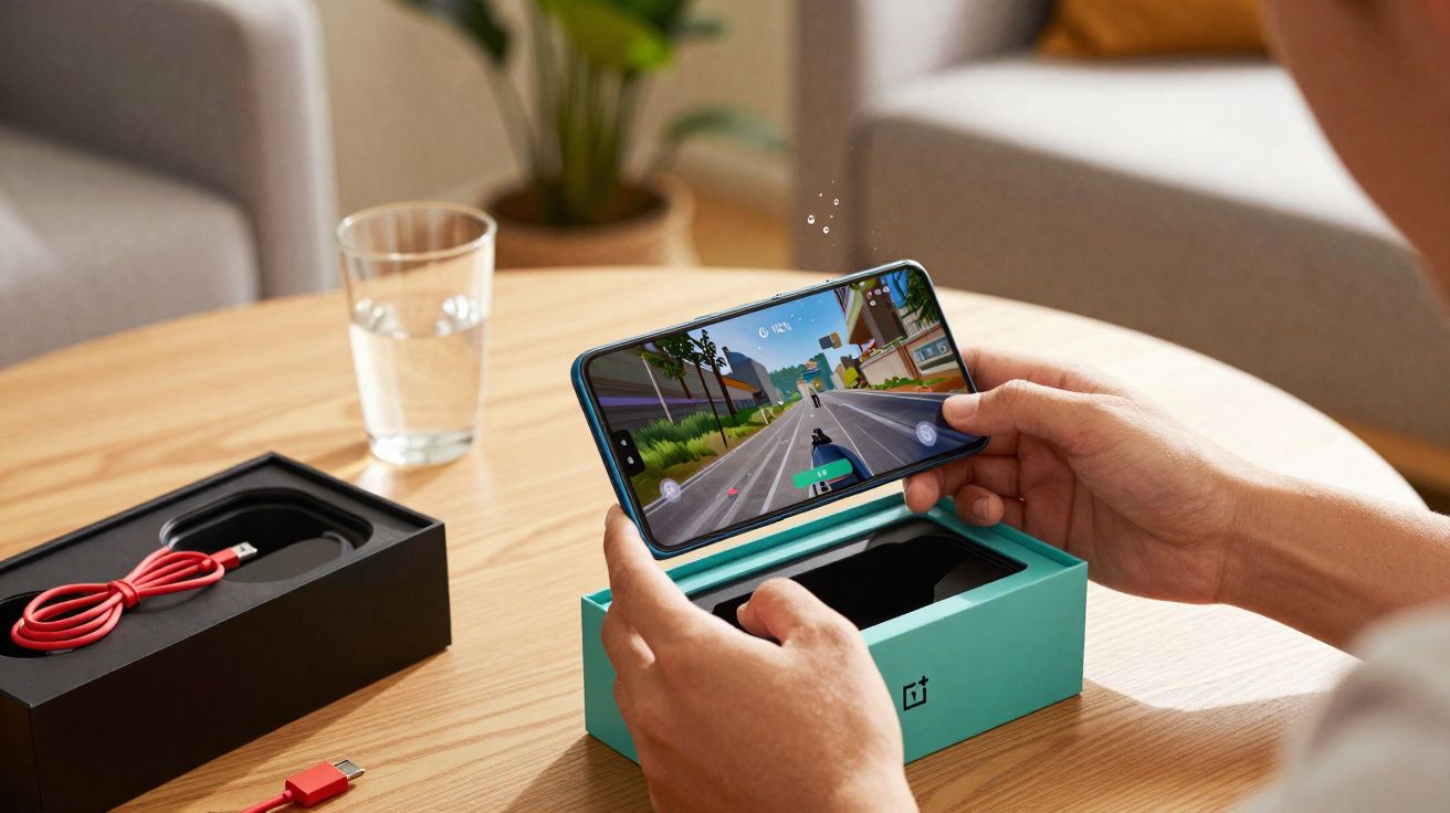 Pessoa jogando jogo de corrida no celular azul sobre caixa aberta em mesa de madeira.