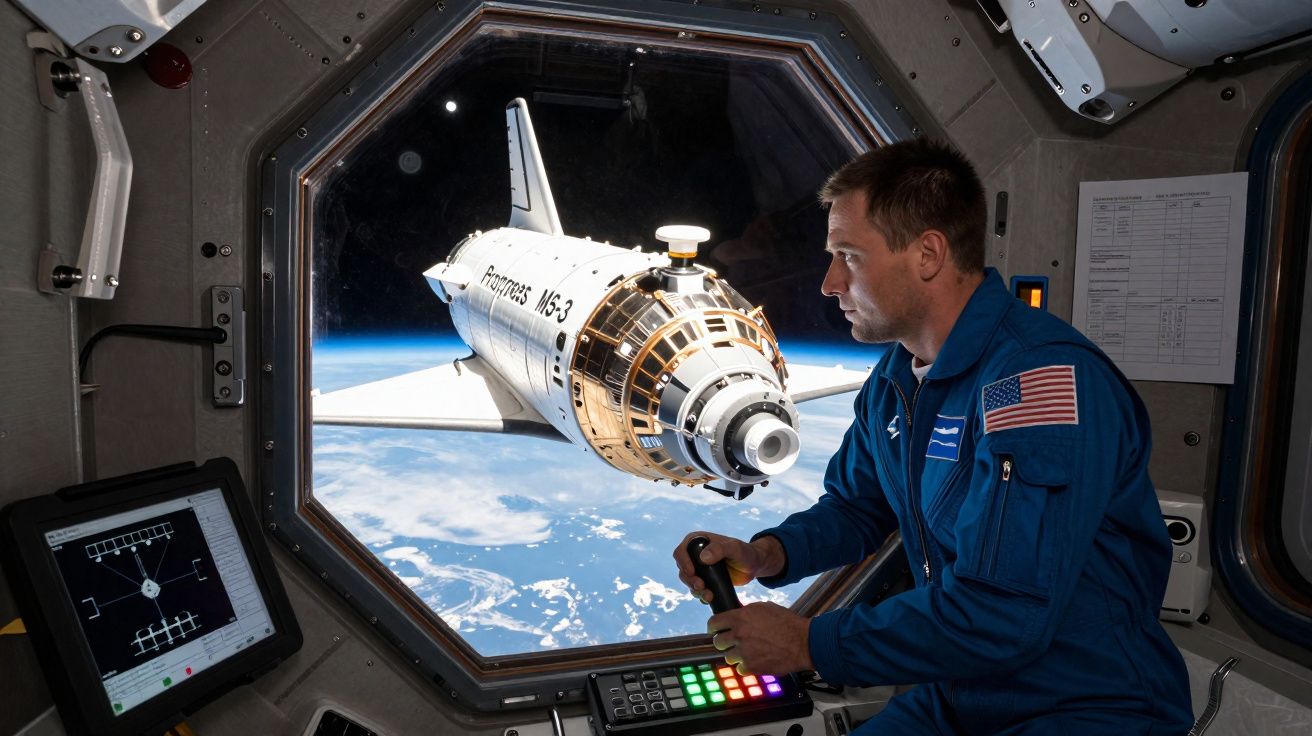 Astronauta operando controles dentro de módulo espacial com cápsula Progress MS-3 visível pela janela a órbita da Terra.