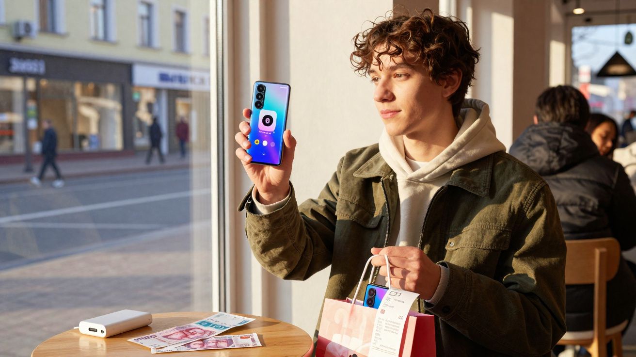 Jovem mostra smartphone com aplicativo aberto enquanto segura sacolas, sentado em cafeteria perto de janela.