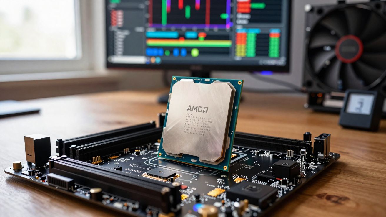 Processador AMD instalado em placa-mãe sobre mesa com monitor ao fundo exibindo gráficos.