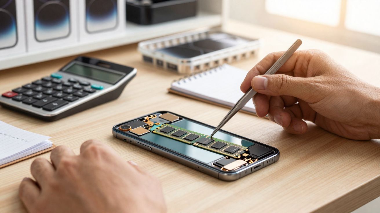 Pessoa usando pinça para consertar placa eletrônica dentro de um smartphone sobre mesa de madeira.