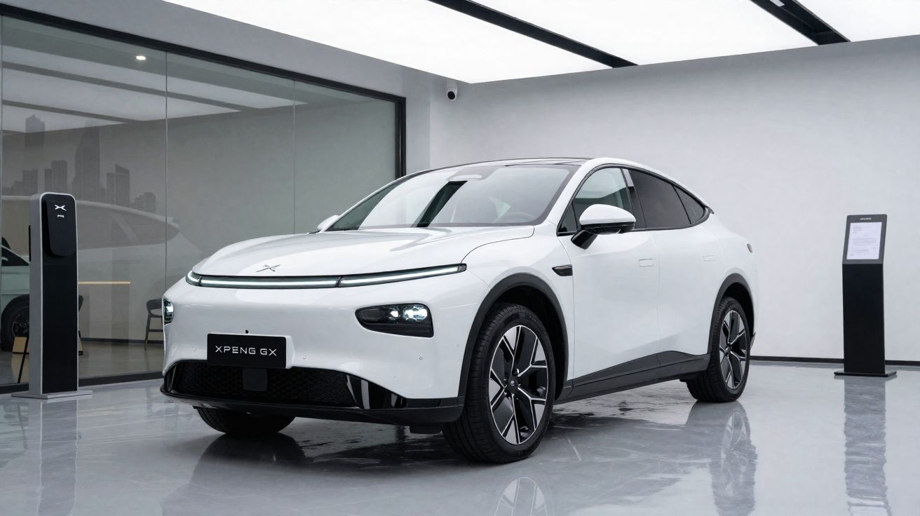 Carro elétrico branco XPeng GX em showroom moderno com piso brilhante e paredes brancas.