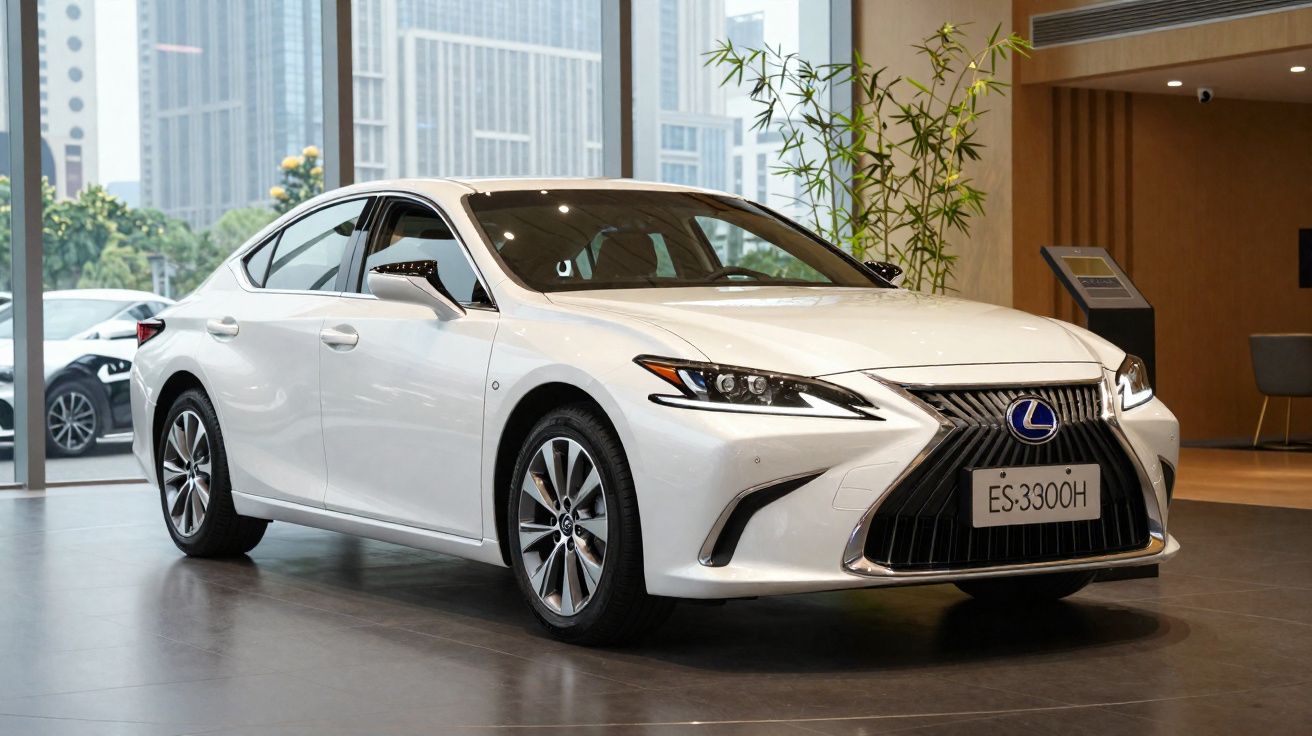 Carro branco Lexus ES 3300H estacionado em showroom com vidro e plantas ao fundo.