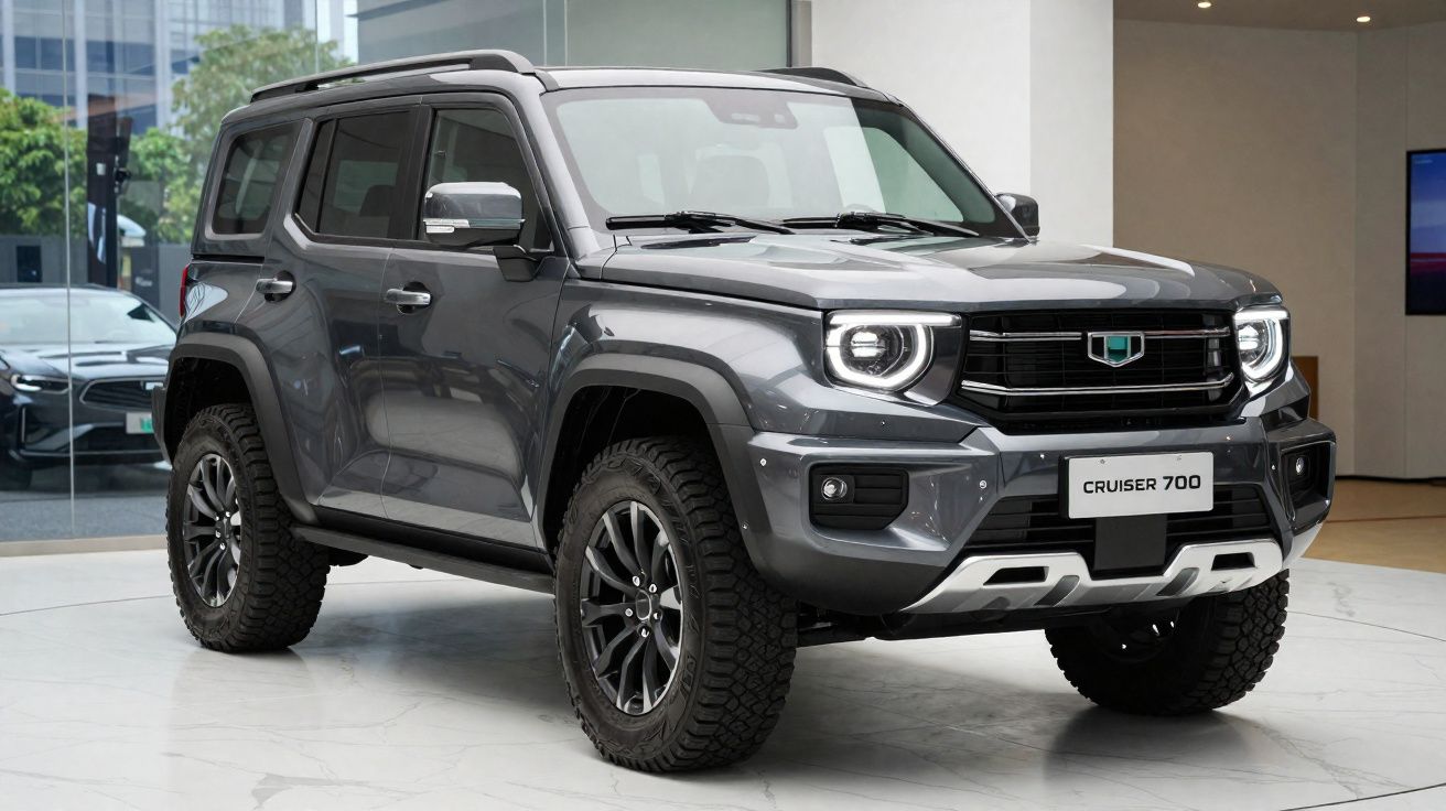 SUV cinza escuro modelo Cruiser 700 exibido em ambiente interno sofisticado com pneus off-road.