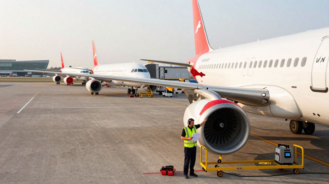 Funcionário em colete refletivo inspeciona motor de avião estacionado em pista com outros aviões ao fundo.