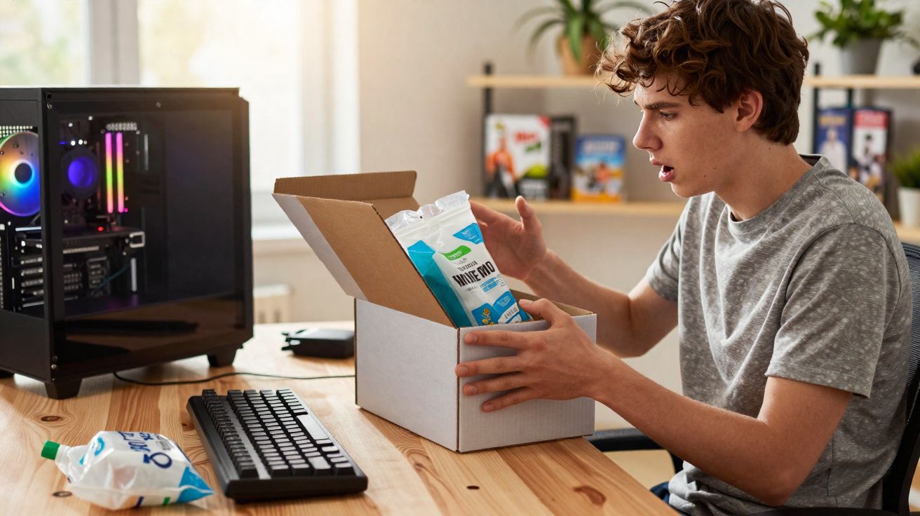 Jovem surpreso abrindo caixa com pacotes de leite na mesa ao lado de computador e teclado.
