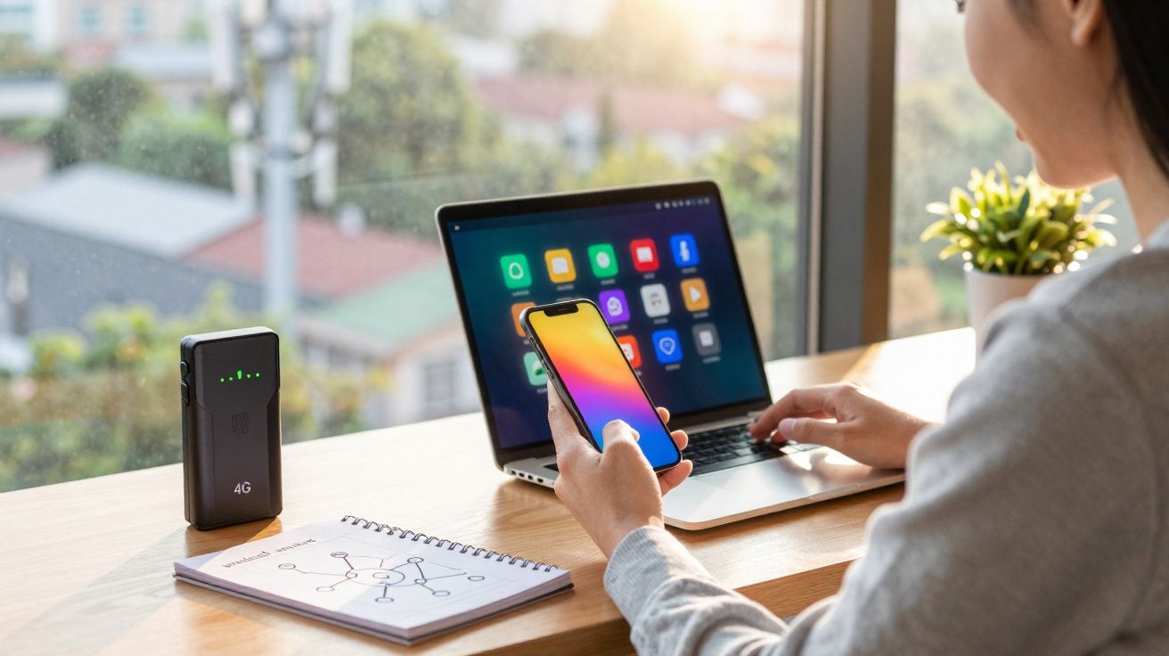 Pessoa usando celular e laptop em mesa com roteador 4G e caderno à janela iluminada.