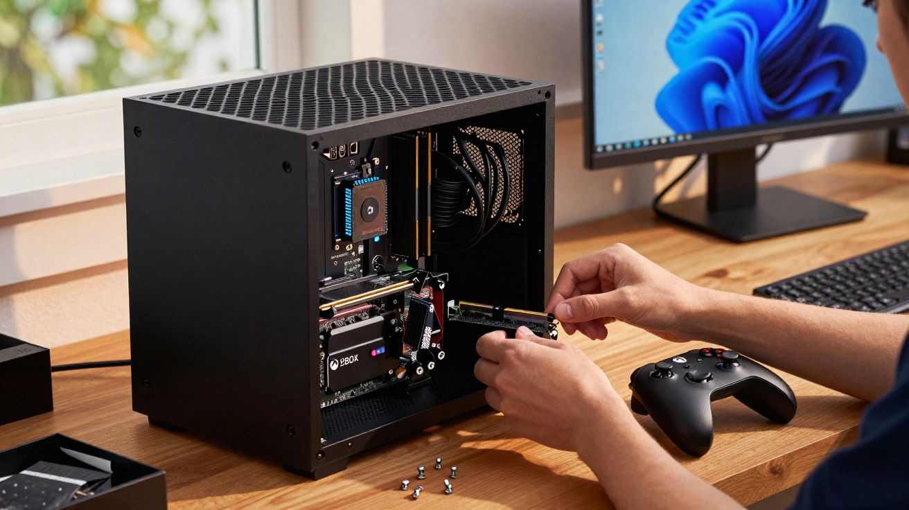 Pessoa instalando uma placa de vídeo em um gabinete preto de computador sobre mesa de madeira.