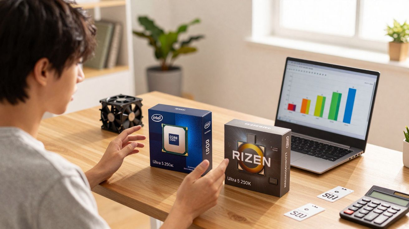 Pessoa sentada em mesa analisando caixas de processadores Intel e Ryzen com gráfico no notebook.