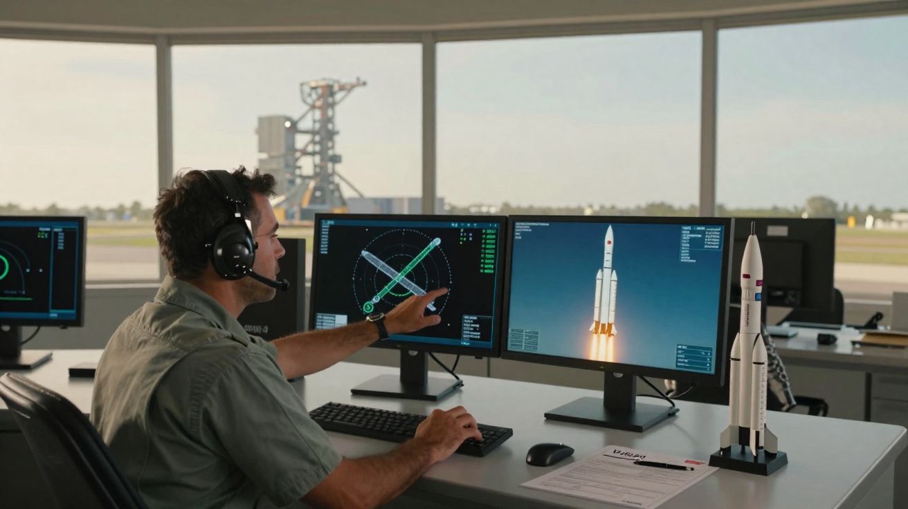 Homem usando fone com microfone opera computador com imagens de foguete em sala de controle perto de maquete.