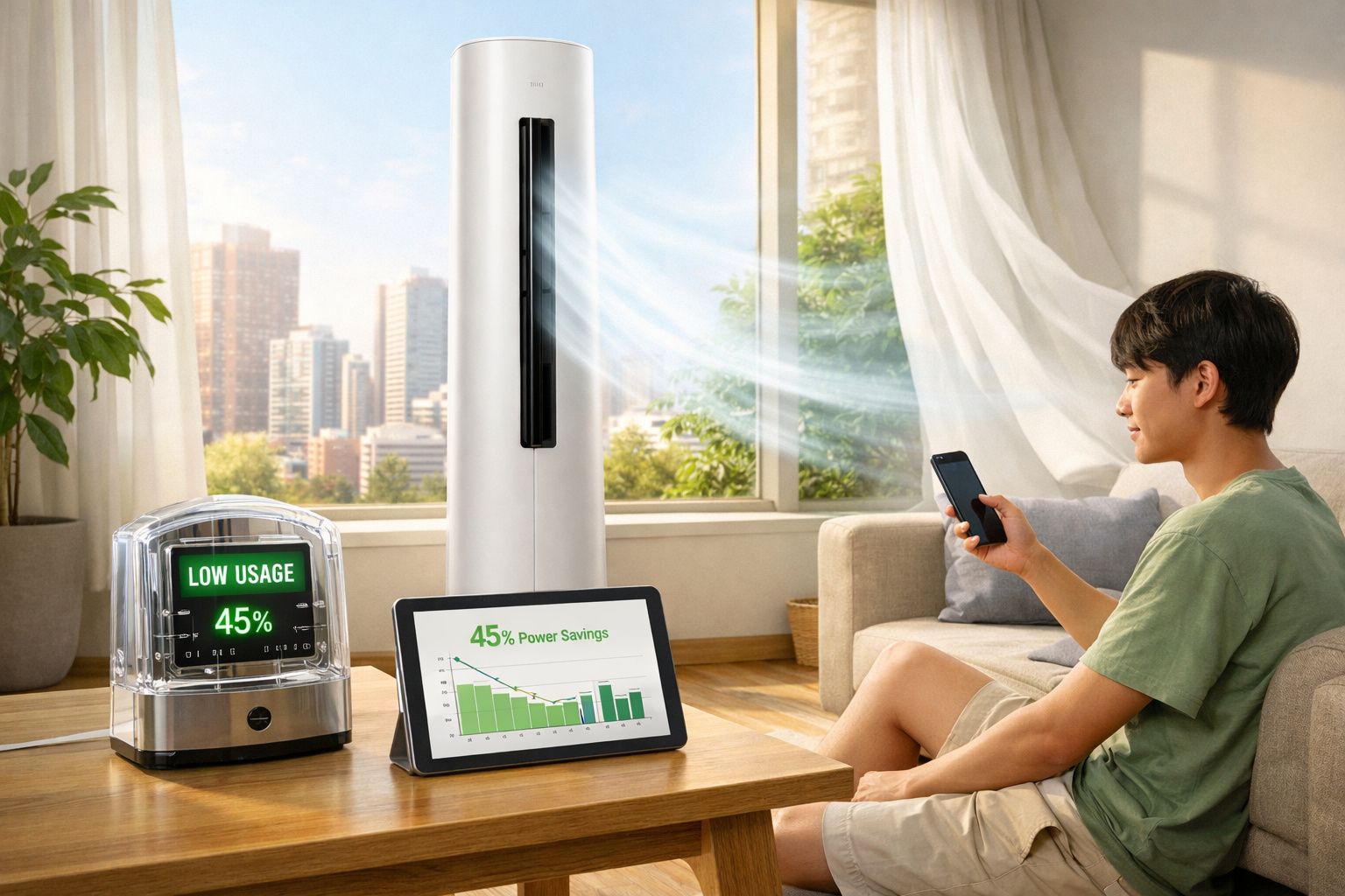 Homem sentado no sofá controlando ar-condicionado com tablet e tela mostrando economia de energia de 45%.