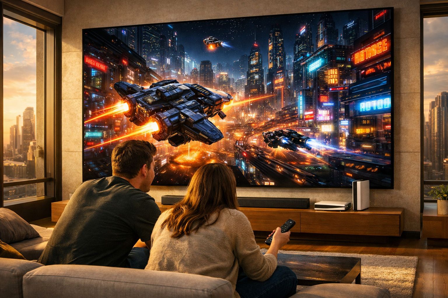 Casal assistindo jogo de naves espaciais futuristas em grande tela em sala moderna à tarde.