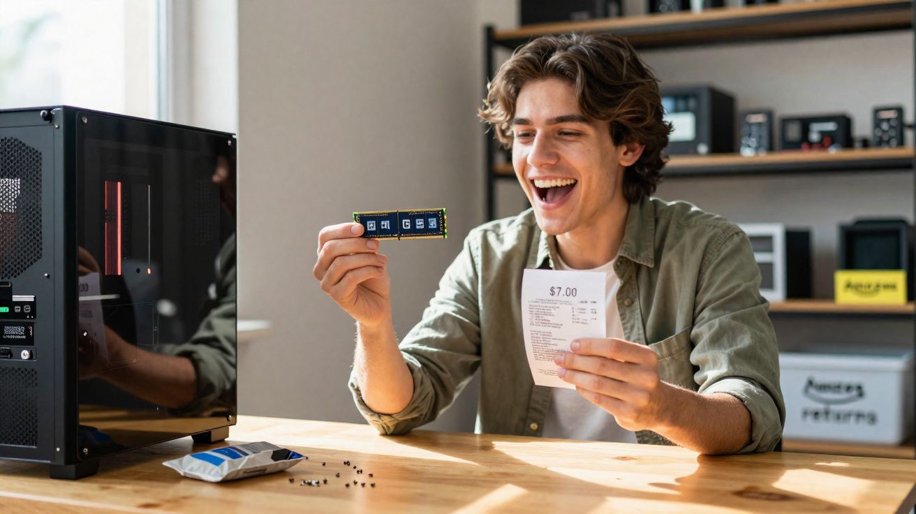 Jovem sorridente segurando módulo de memória RAM e boleto com valor de sete dólares, ao lado de computador.