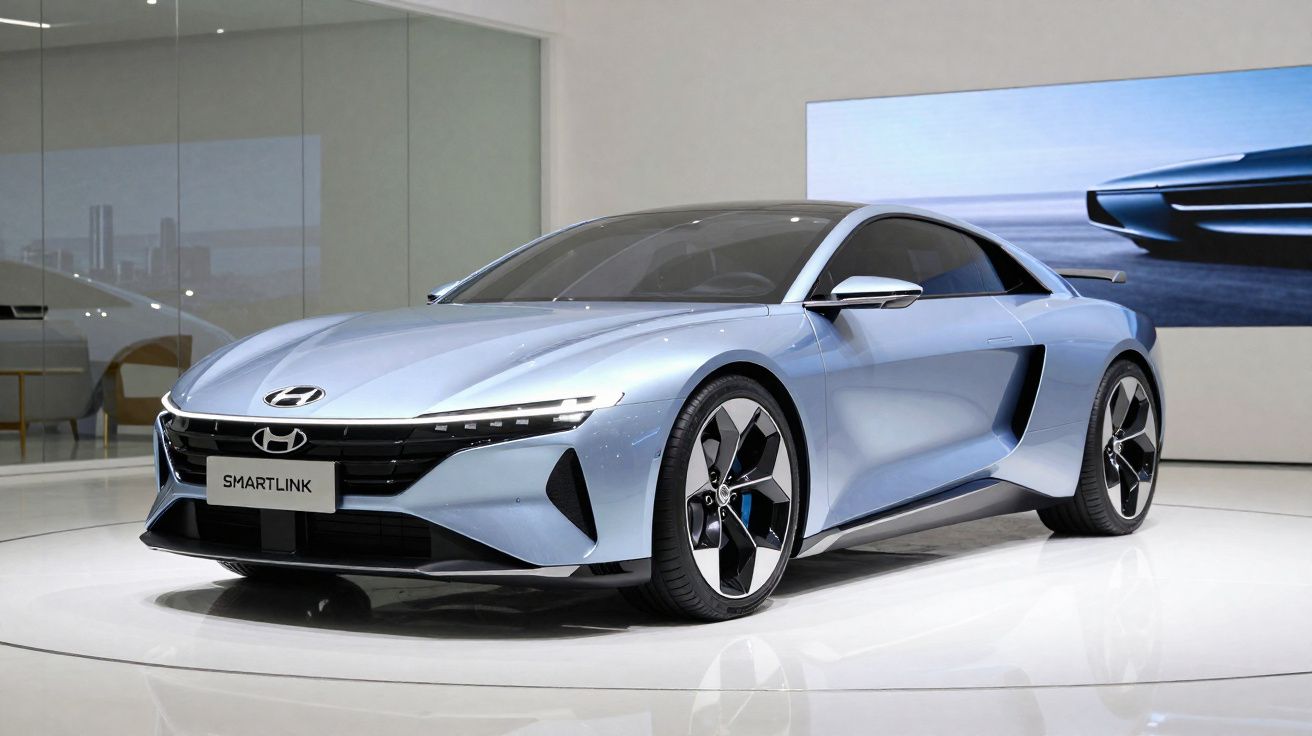 Carro esportivo elétrico Hyundai em tom azul claro exibido em ambiente interno moderno.