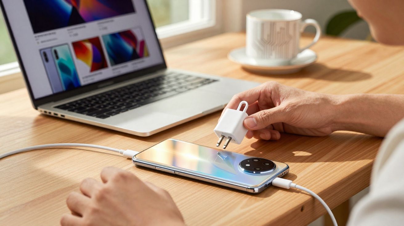 Pessoa segurando carregador próximo a smartphone em mesa com laptop e xícara.