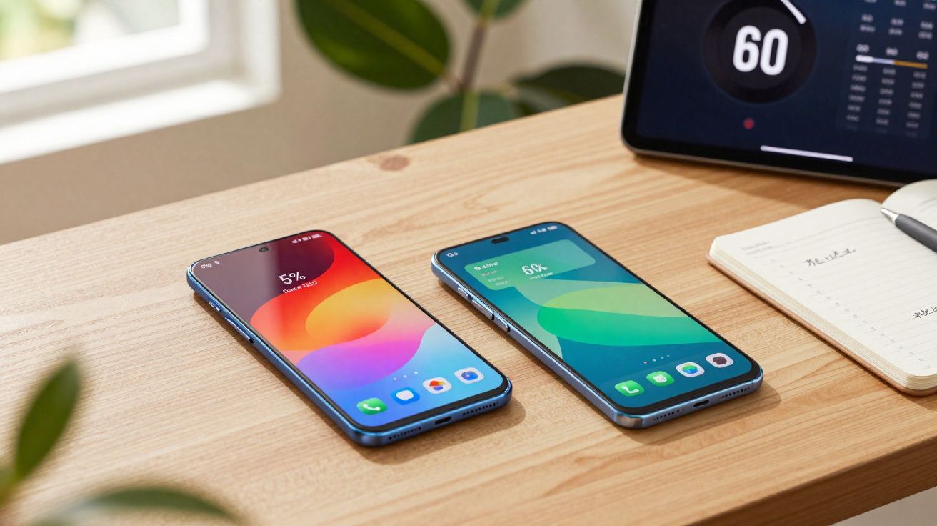 Dois smartphones com telas coloridas mostram status de bateria sobre uma mesa de madeira clara.