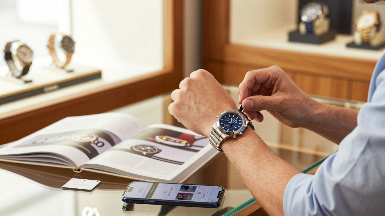Pessoa ajusta relógio de pulso prateado com mostrador azul em mesa com revista e celular.