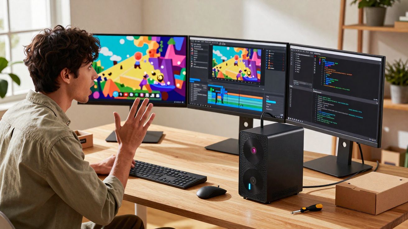 Homem trabalhando em computador com três monitores exibindo animação e código em ambiente de escritório.