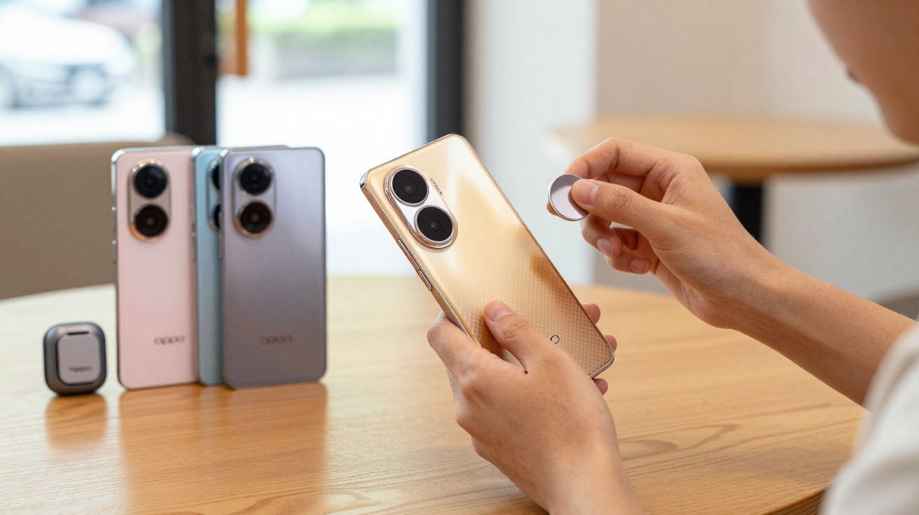 Pessoa segurando smartphone dourado enquanto coloca anel magnético, com outros três celulares e case sobre mesa de madeira.