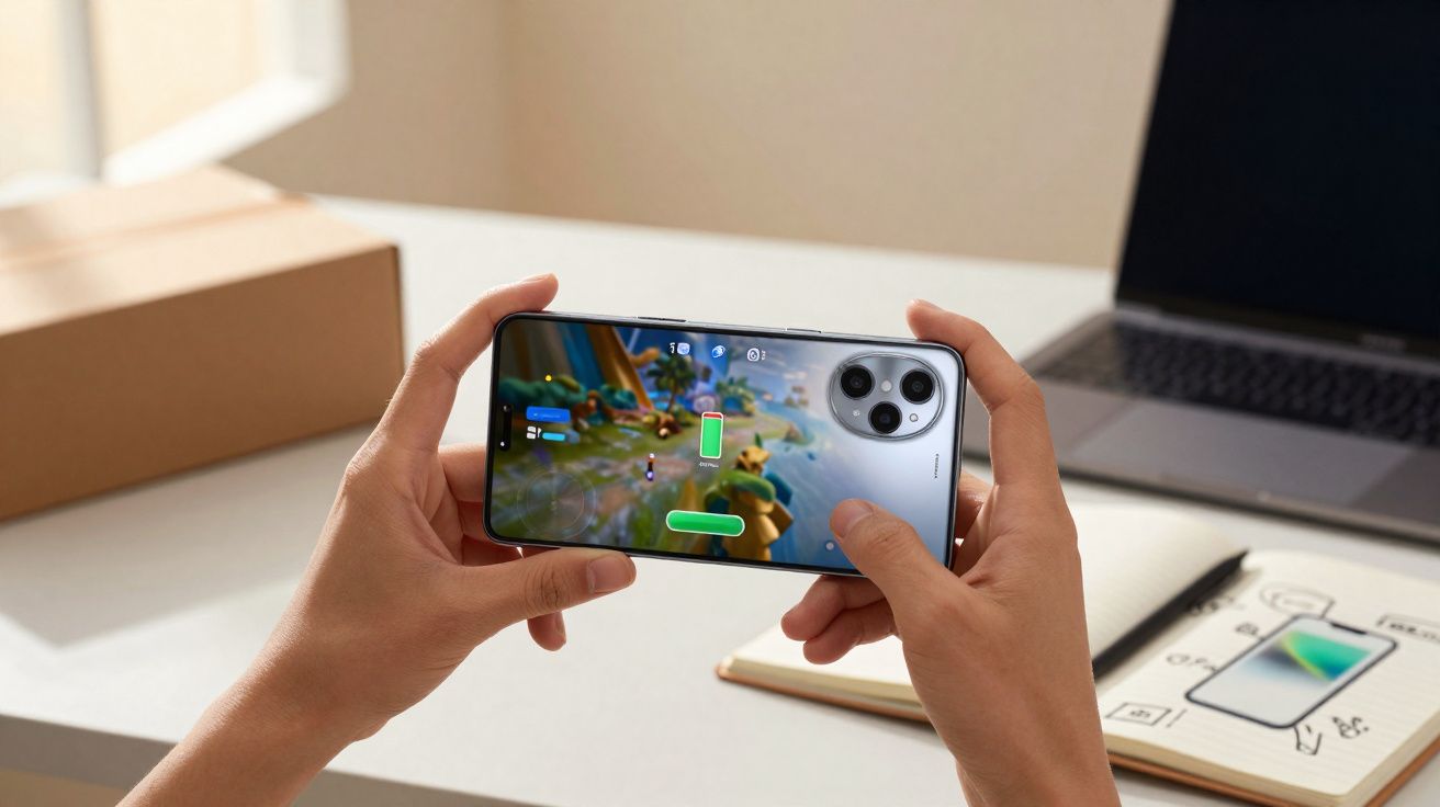 Pessoa segurando smartphone com jogo na tela em ambiente de trabalho com laptop e caderno ao fundo.