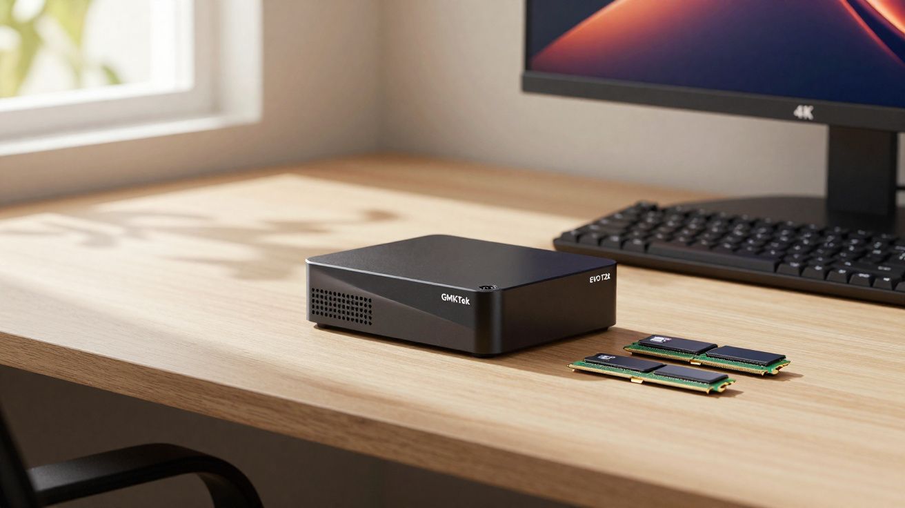 Mini PC GMK Tek EVO12X preto, dois módulos de memória RAM e monitor em mesa de madeira clara.