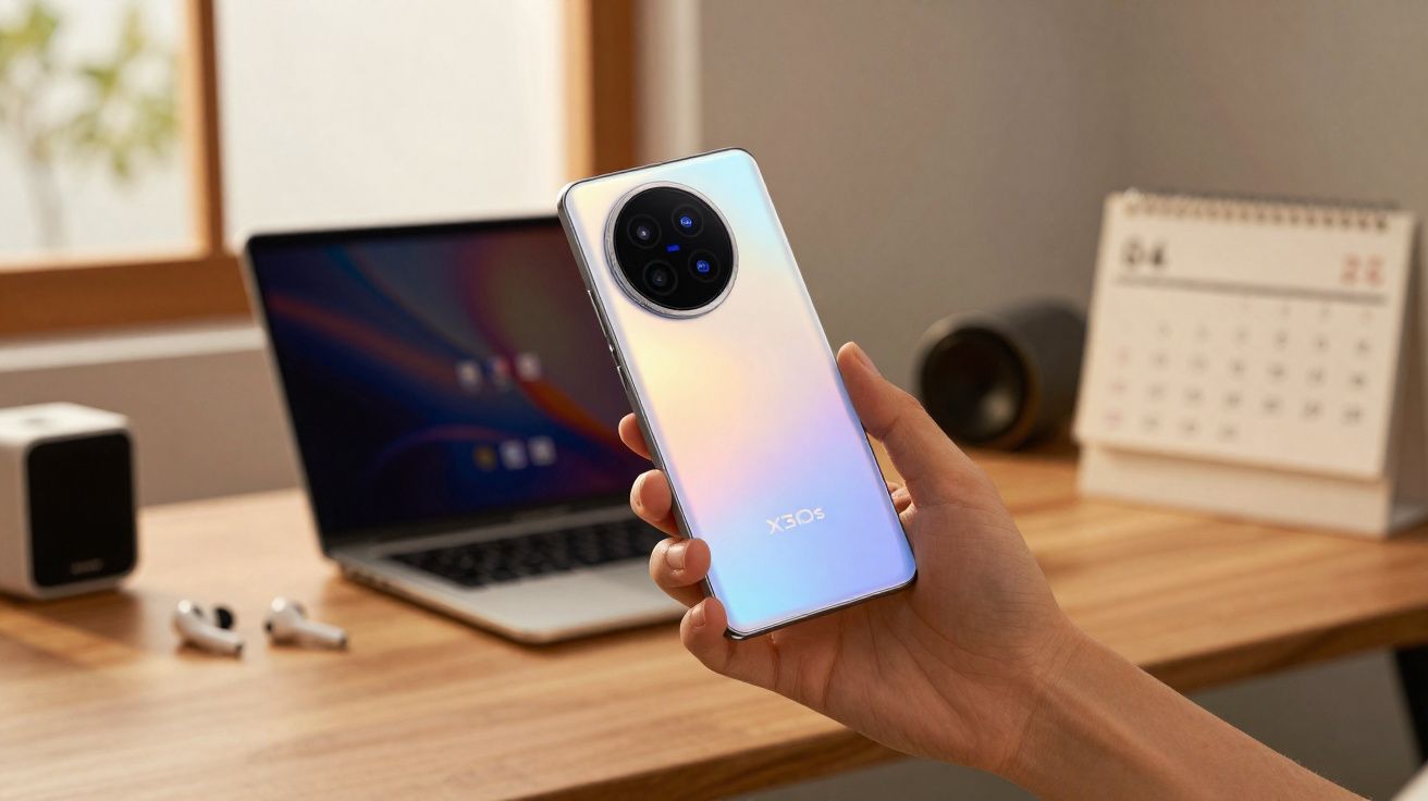 Pessoa segurando smartphone X30s prateado com câmera circular, com laptop aberto, fones e calendário ao fundo.