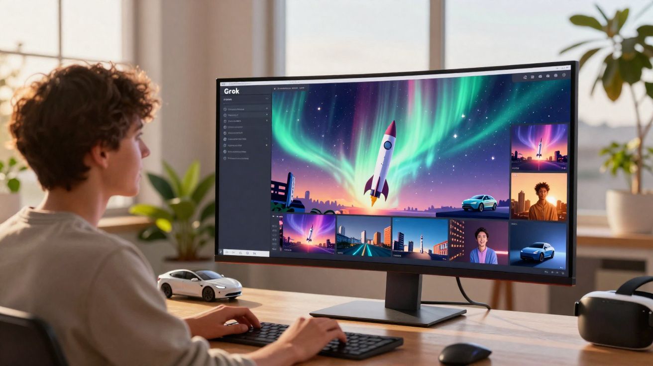 Pessoa usando computador com tela grande exibindo imagens de foguete, carro e paisagens urbanas.