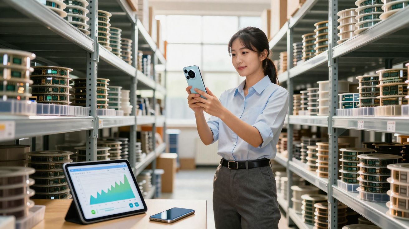 Mulher em estoque industrial usando celular, com tablet exibindo gráfico sobre a mesa.