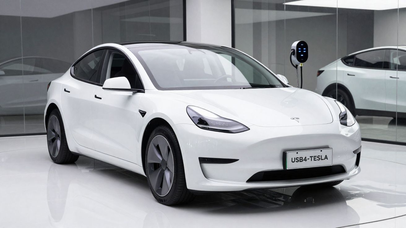 Carro elétrico branco Tesla Model 3 em exposição, conectado a carregador em ambiente interno moderno.
