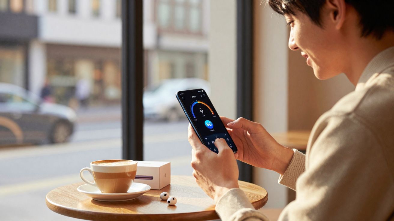 Pessoa mexendo em celular com medidor de velocidade 5G na tela, em mesa com café e fones sem fio.