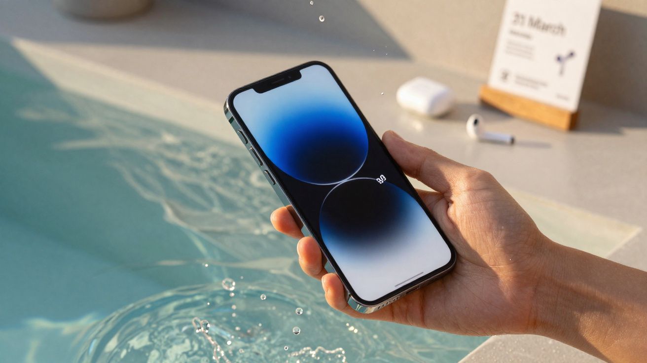 Pessoa segurando smartphone à prova d'água com gotas caindo perto de uma piscina azul clara.