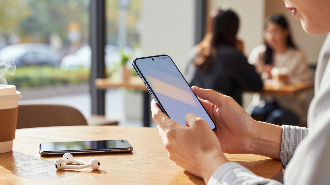 Pessoa segurando celular com tela em branco em mesa de café com fones e copo descartável ao lado