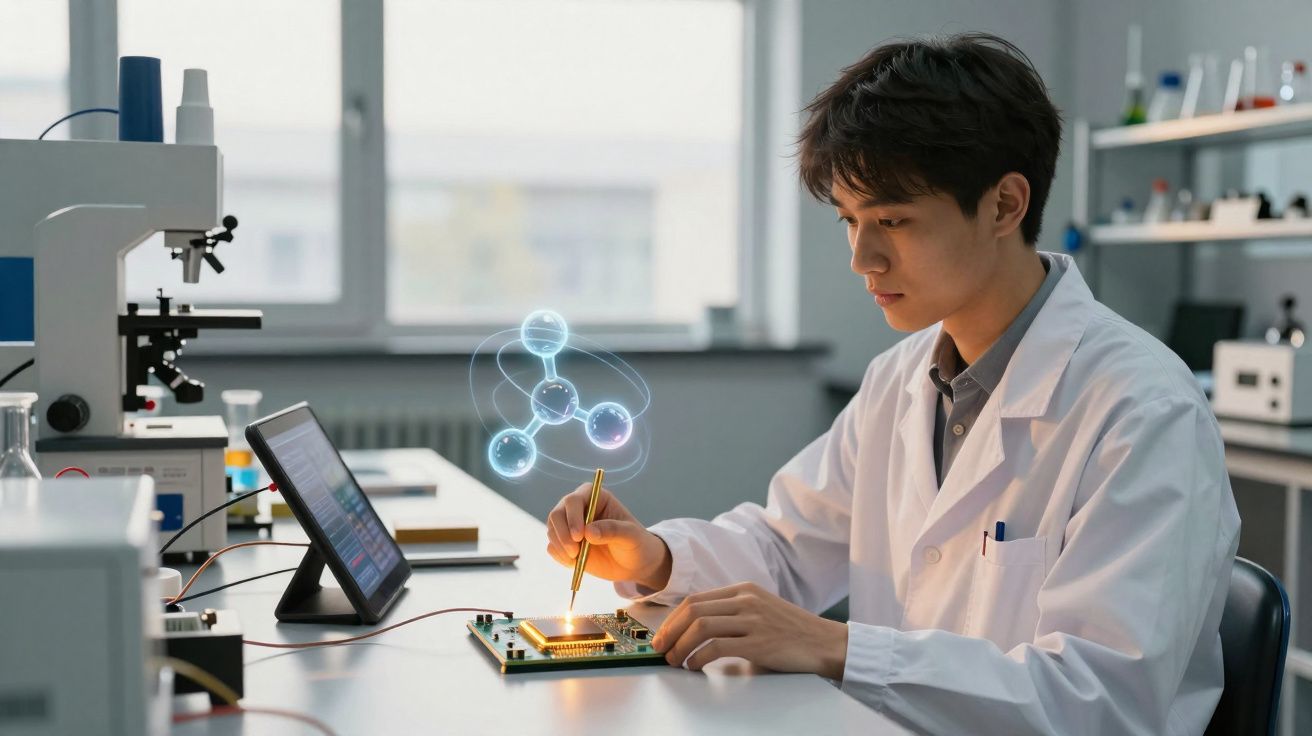 Cientista jovem em jaleco trabalhando com circuito eletrônico e holograma molecular em laboratório.